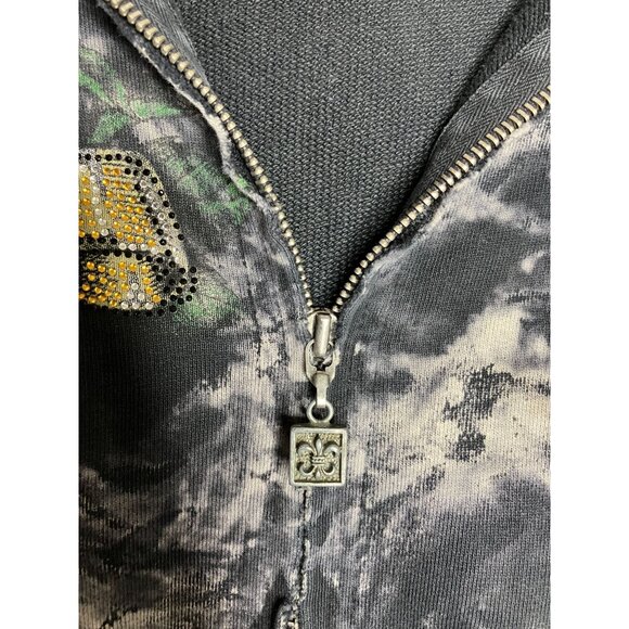 Y2K Sinful Affliction Womens Medium Zip Up Hoodie Black Tie Dye Rose Tattoo Hear - Picture 8 of 13